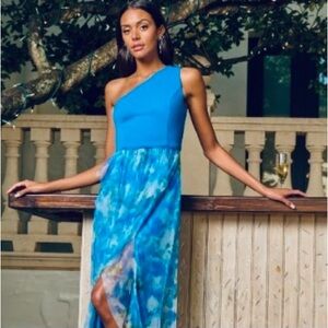 NWT Adrianna Papell Vibrant Blue & Floral One-Shoulder Long Dress Gown Sz  12